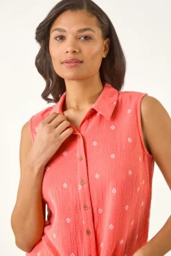 Roman Coral Embroidered Tie Front Blouse