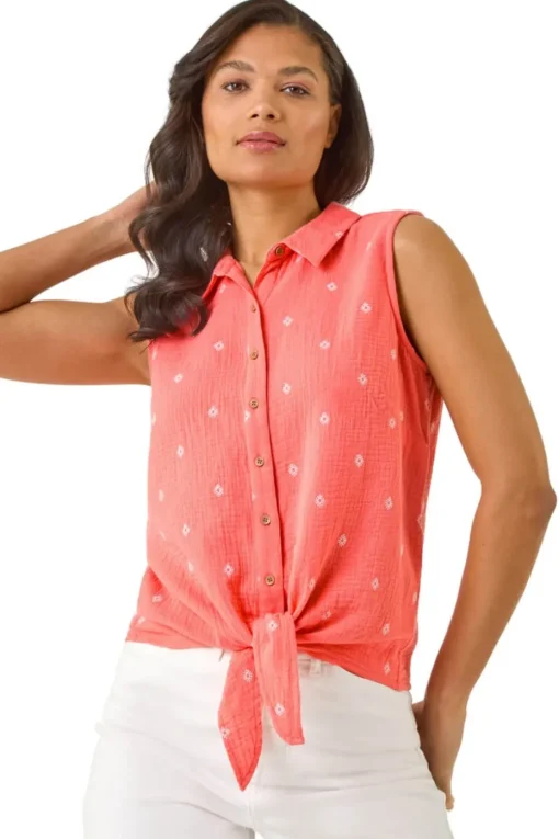 Roman Coral Embroidered Tie Front Blouse