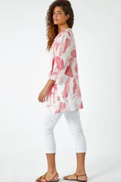 Roman Coral Palm Print V-Neck Wrap Hem Tunic Top
