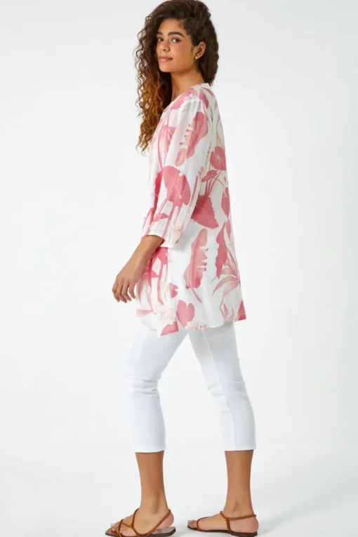 Roman Coral Palm Print V-Neck Wrap Hem Tunic Top