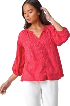 Roman Coral Petite Textured  V-Neck Cotton Blouse