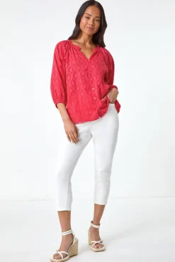 Roman Coral Petite Textured  V-Neck Cotton Blouse