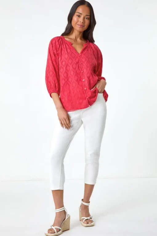 Roman Coral Petite Textured  V-Neck Cotton Blouse