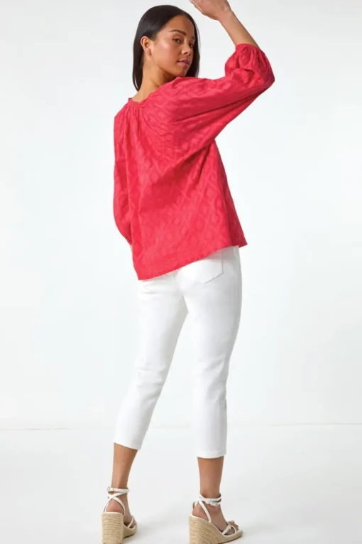 Roman Coral Petite Textured  V-Neck Cotton Blouse