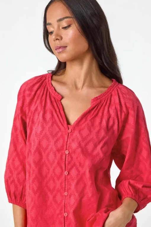 Roman Coral Petite Textured  V-Neck Cotton Blouse