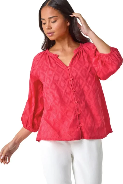 Roman Coral Petite Textured  V-Neck Cotton Blouse