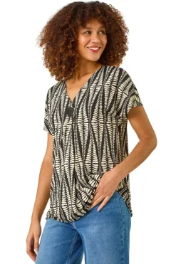 Roman Cream Abstract Print Front Pleat Stretch Top