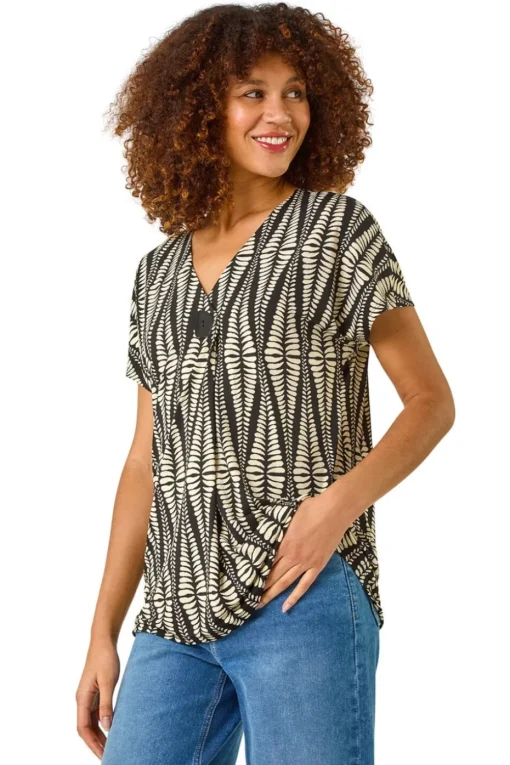 Roman Cream Abstract Print Front Pleat Stretch Top