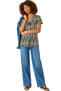 Roman Cream Abstract Print Front Pleat Stretch Top