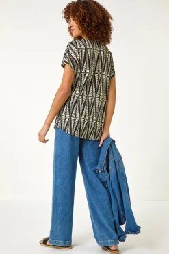 Roman Cream Abstract Print Front Pleat Stretch Top