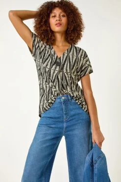 Roman Cream Abstract Print Front Pleat Stretch Top