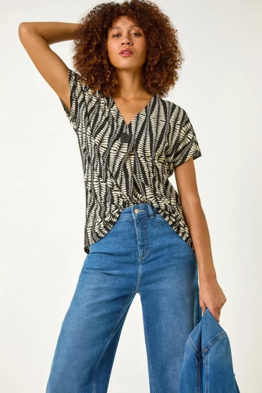 Roman Cream Abstract Print Front Pleat Stretch Top