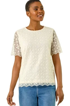 Roman Cream Floral Lace Overlay T-Shirt