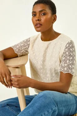 Roman Cream Floral Lace Overlay T-Shirt