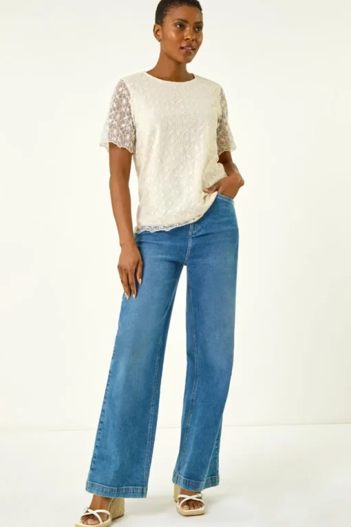Roman Cream Floral Lace Overlay T-Shirt
