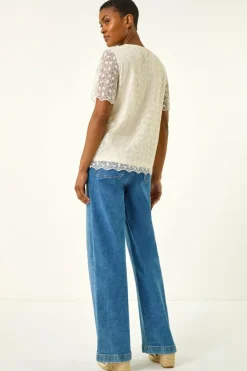 Roman Cream Floral Lace Overlay T-Shirt