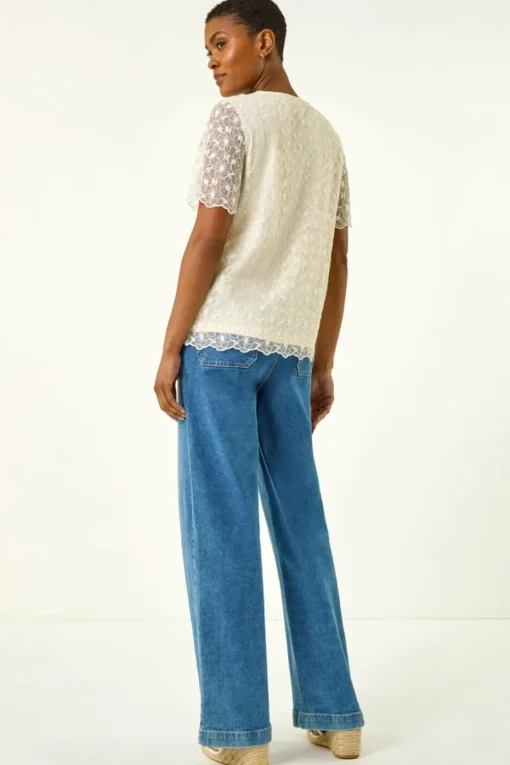 Roman Cream Floral Lace Overlay T-Shirt