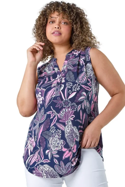 Roman Curve Pink Textured Floral Print Stretch Top