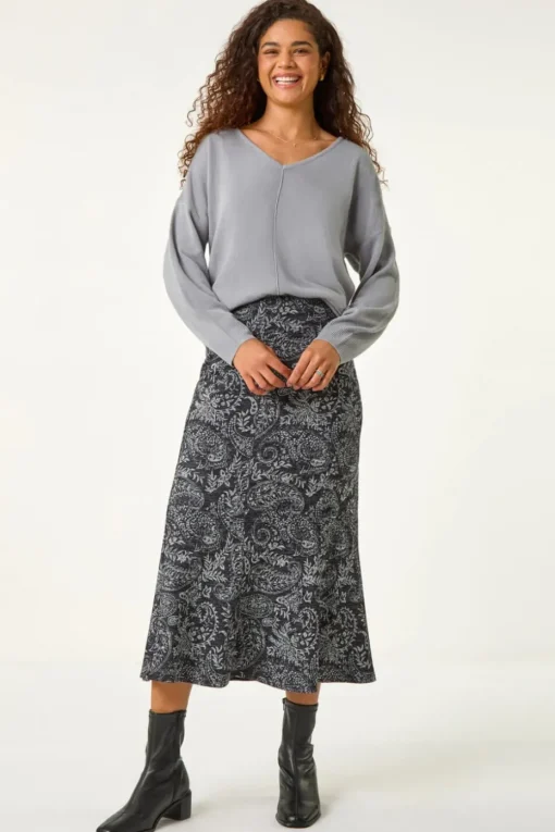 Roman Dark Grey Leaf Print Paneled Tulip Skirt