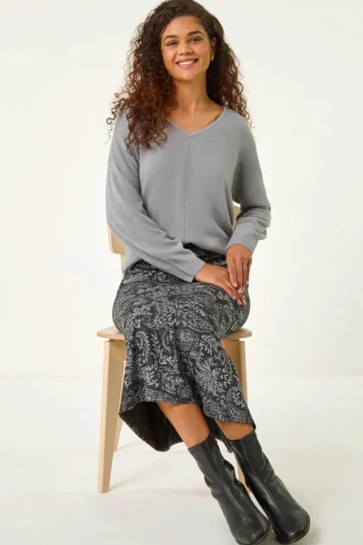 Roman Dark Grey Leaf Print Paneled Tulip Skirt