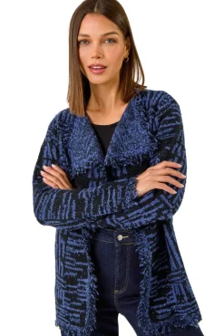 Roman Denim Blue Textured Fringe Collar Detail Cardigan