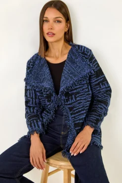 Roman Denim Blue Textured Fringe Collar Detail Cardigan