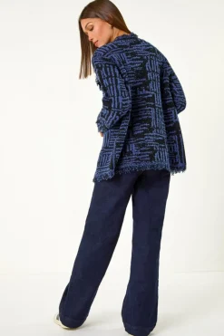 Roman Denim Blue Textured Fringe Collar Detail Cardigan