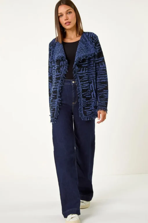 Roman Denim Blue Textured Fringe Collar Detail Cardigan