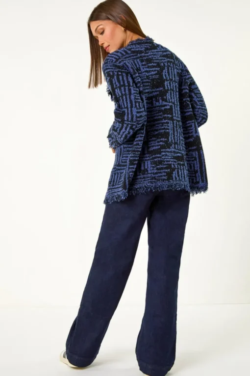 Roman Denim Blue Textured Fringe Collar Detail Cardigan