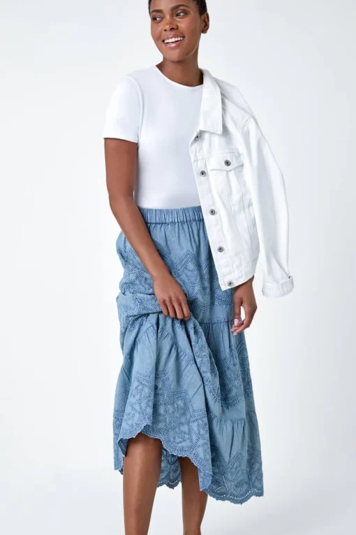 Roman Denim Broderie Elastic Waist A Line Tiered Midi Skirt