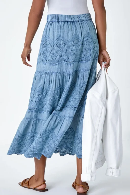 Roman Denim Broderie Elastic Waist A Line Tiered Midi Skirt