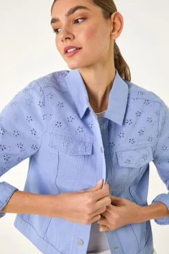 Roman Denim Cotton Blend Broderie Sleeve Jacket