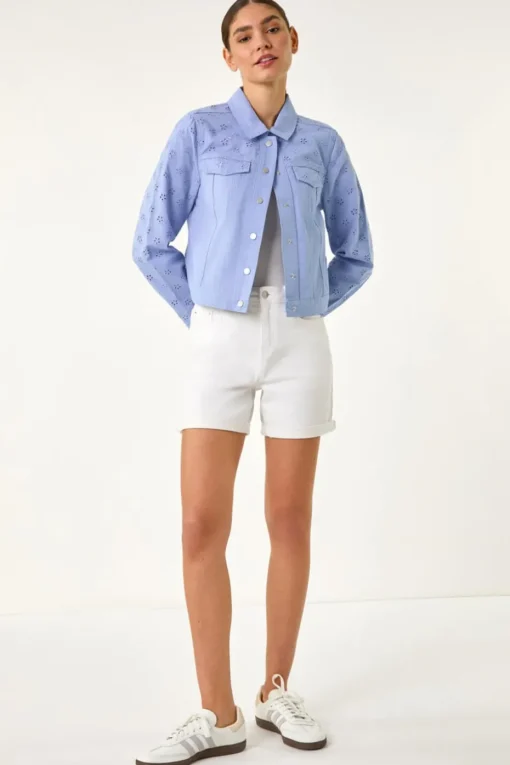 Roman Denim Cotton Blend Broderie Sleeve Jacket