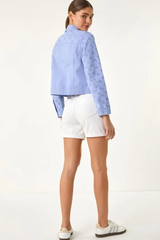 Roman Denim Cotton Blend Broderie Sleeve Jacket