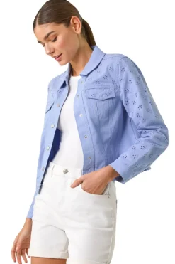 Roman Denim Cotton Blend Broderie Sleeve Jacket