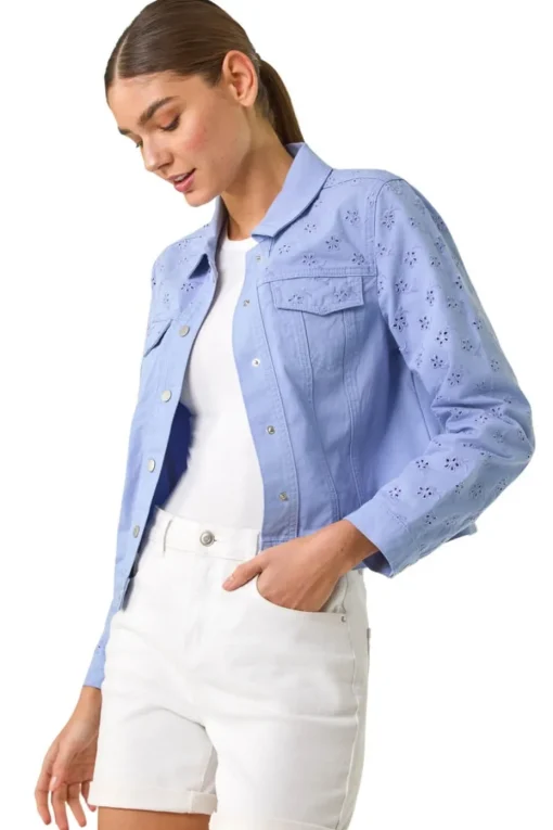 Roman Denim Cotton Blend Broderie Sleeve Jacket