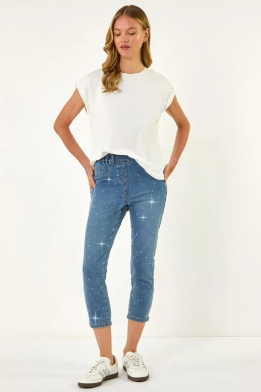 Roman Denim Embellished Cropped Stretch Jeggings