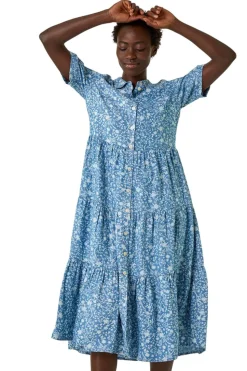 Roman Denim Floral Print Denim Smock Dress