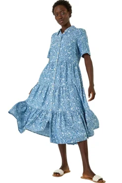 Roman Denim Floral Print Denim Smock Dress