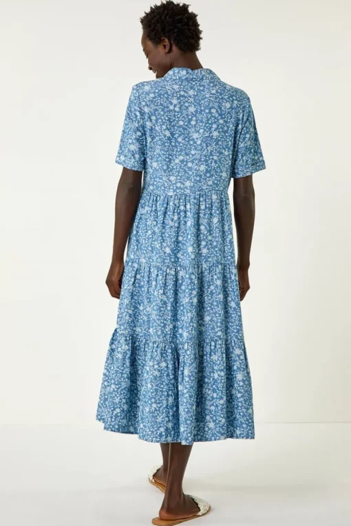 Roman Denim Floral Print Denim Smock Dress