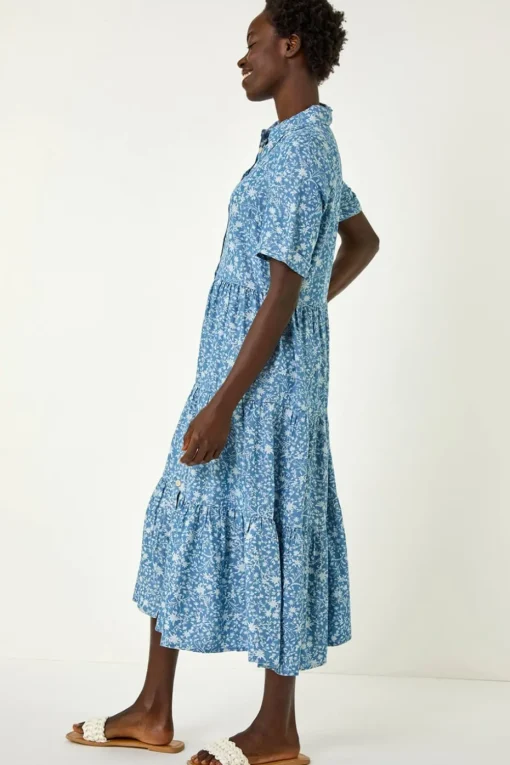 Roman Denim Floral Print Denim Smock Dress
