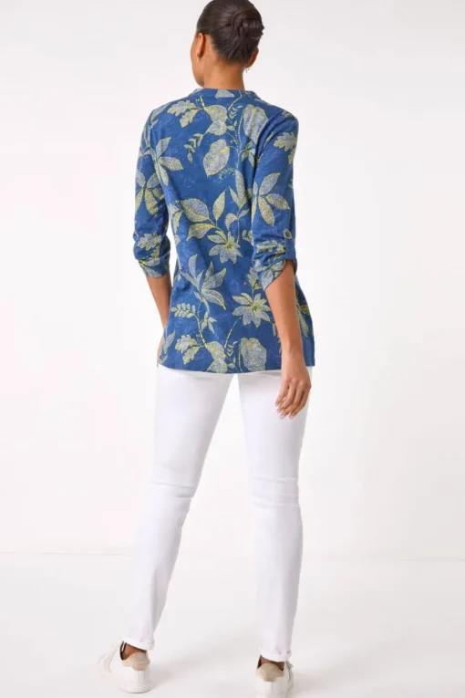Roman Denim Leaf Print Cotton Blouse