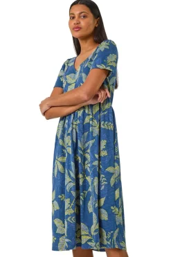 Roman Denim Leaf Print Stretch Midi Dress