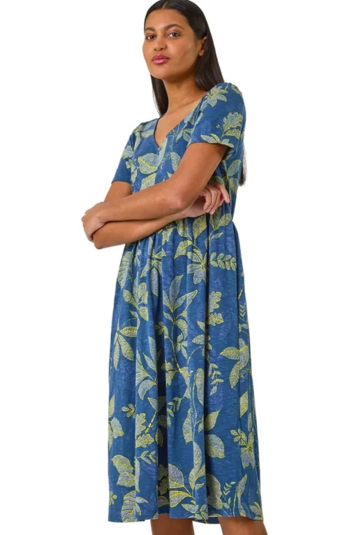 Roman Denim Leaf Print Stretch Midi Dress