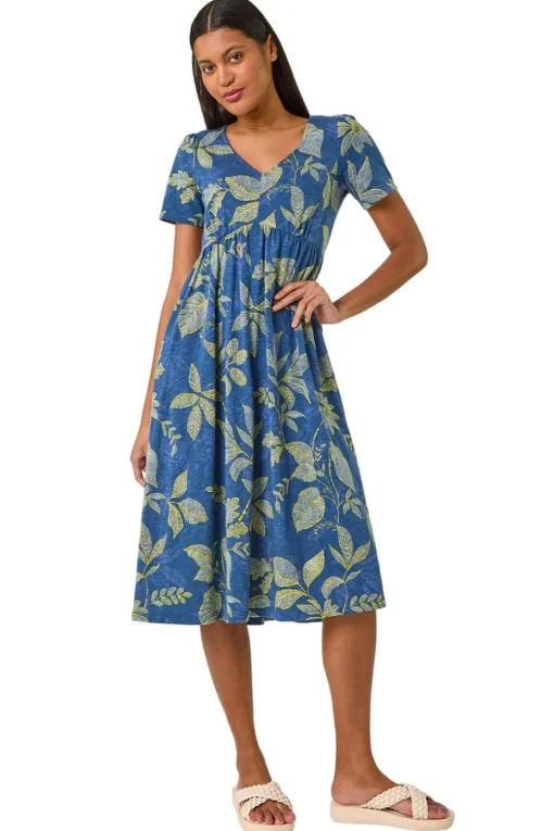 Roman Denim Leaf Print Stretch Midi Dress