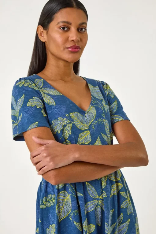 Roman Denim Leaf Print Stretch Midi Dress