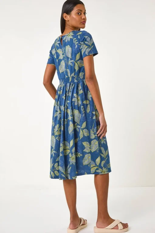 Roman Denim Leaf Print Stretch Midi Dress
