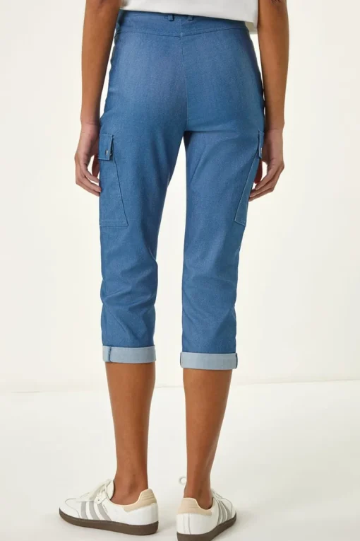 Roman Denim Turn Up Stretch Cropped Cargo Trousers