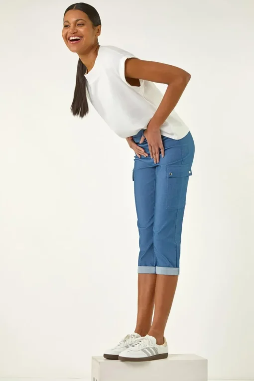 Roman Denim Turn Up Stretch Cropped Cargo Trousers