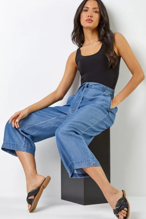 Roman Denim Waist Tie Detail Culottes